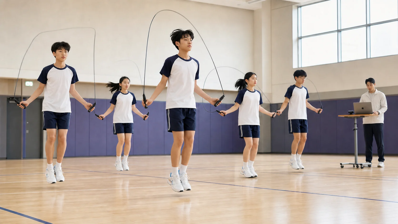 체육관에서 여러 학생이 스마트 줄넘기로 함께 수업하는 모습